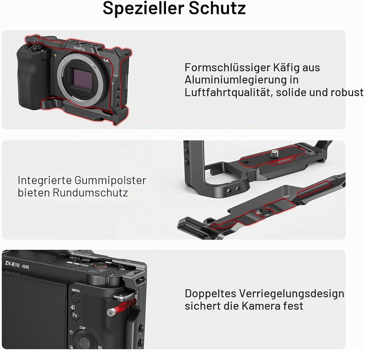 SMALLRIG ZV-E10 Käfig mit Griff und integrierter Schnellwechselplatte für Arca Swiss