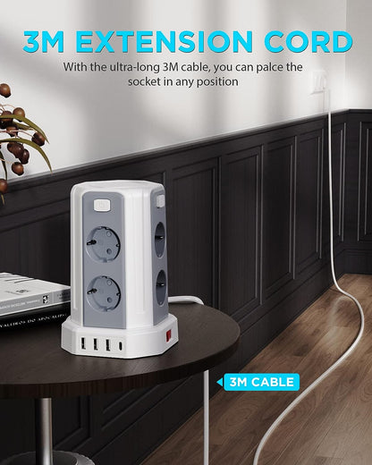 Sameriver 8 Fach Steckdosenleiste mit 3M Kabel, Mehrfachsteckdose mit 3 USB A, 1 USB C, Steckdosenturm mit 5 Schalter, Steckdosenleiste Überspannungsschutz, Geeignet für Zuhause und Büro(2500W/10A)
