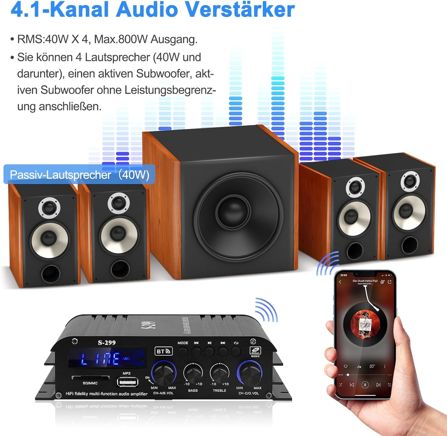 S-299 4.1-Kanal HiFi Verstärker, RMS 40Wx4+50W Bluetooth Mini Audio Verstärker Max. 800W Leistung