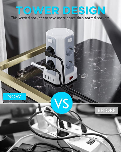 Sameriver 8 Fach Steckdosenleiste mit 3M Kabel, Mehrfachsteckdose mit 3 USB A, 1 USB C, Steckdosenturm mit 5 Schalter, Steckdosenleiste Überspannungsschutz, Geeignet für Zuhause und Büro(2500W/10A)