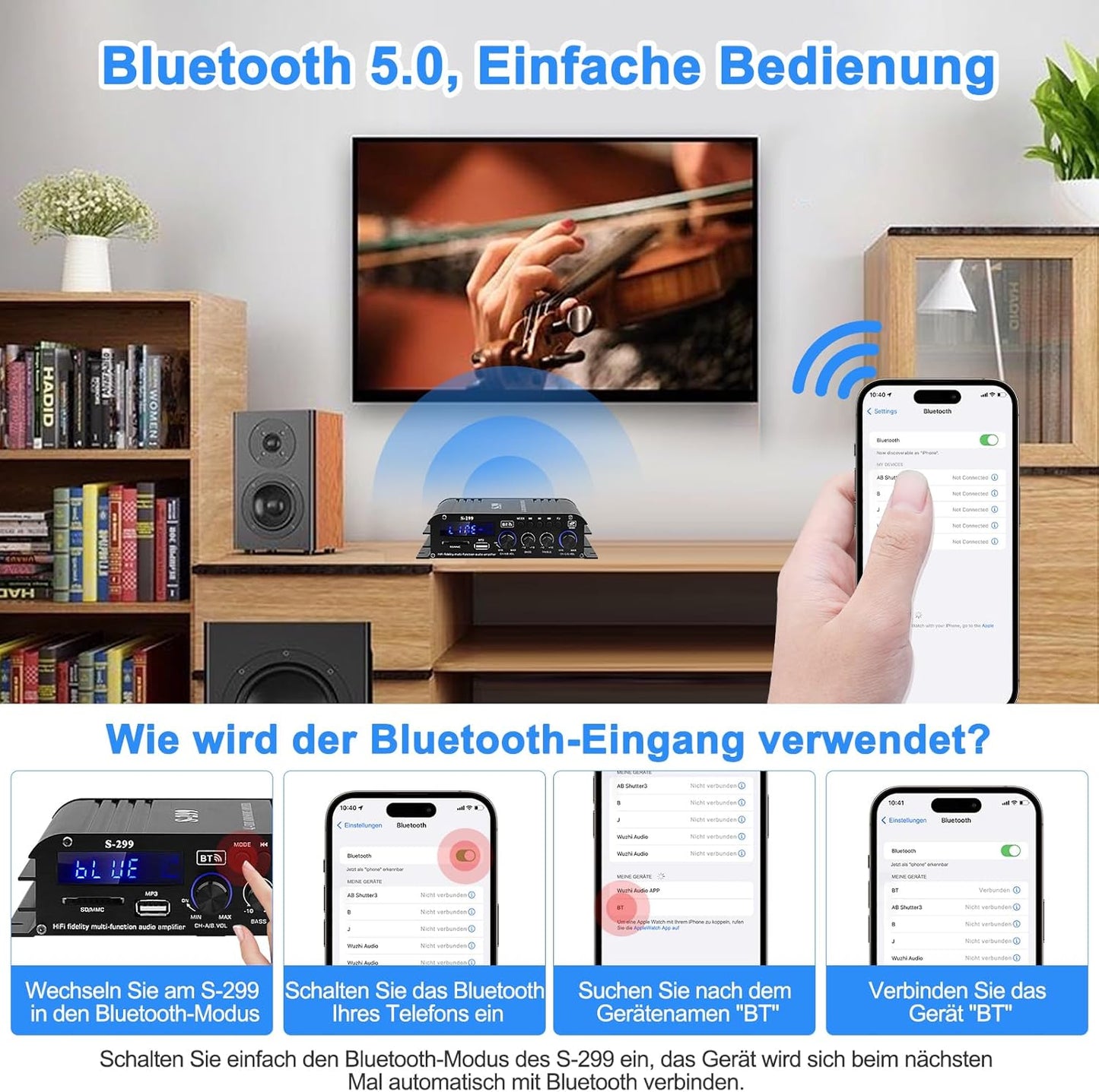 S-299 4.1-Kanal HiFi Verstärker, RMS 40Wx4+50W Bluetooth Mini Audio Verstärker Max. 800W Leistung