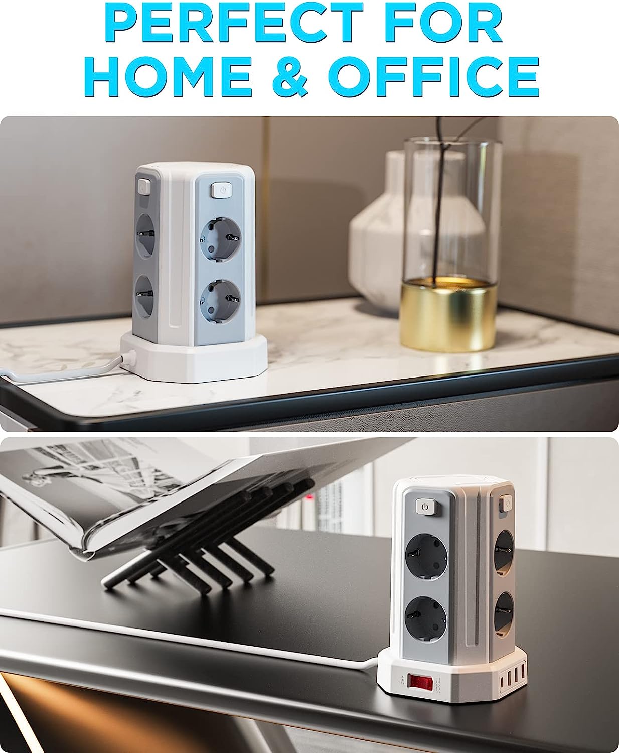 Sameriver 8 Fach Steckdosenleiste mit 3M Kabel, Mehrfachsteckdose mit 3 USB A, 1 USB C, Steckdosenturm mit 5 Schalter, Steckdosenleiste Überspannungsschutz, Geeignet für Zuhause und Büro(2500W/10A)