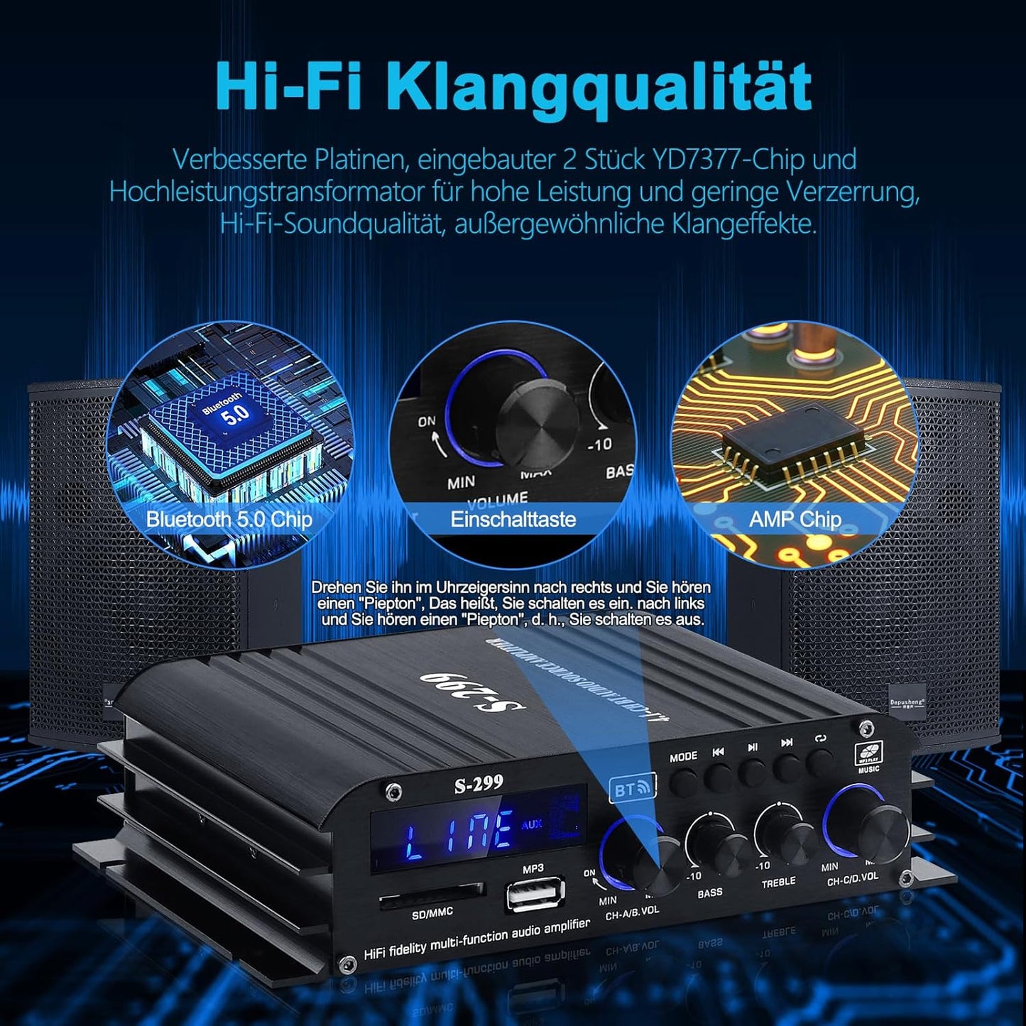 S-299 4.1-Kanal HiFi Verstärker, RMS 40Wx4+50W Bluetooth Mini Audio Verstärker Max. 800W Leistung