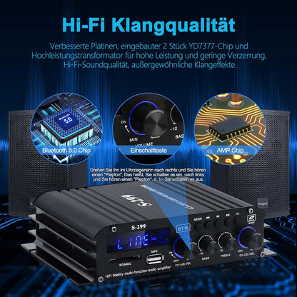 S-299 4.1-Kanal HiFi Verstärker, RMS 40Wx4+50W Bluetooth Mini Audio Verstärker Max. 800W Leistung