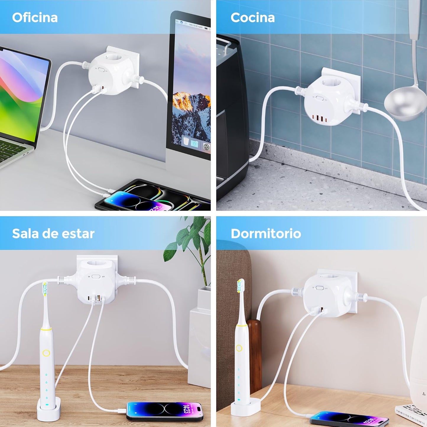 8-in-1 Steckdosenleiste, Mehrfachsteckdose mit USB, 4 Steckdosen, 2 USB A, 2 USB C,(Weiß)