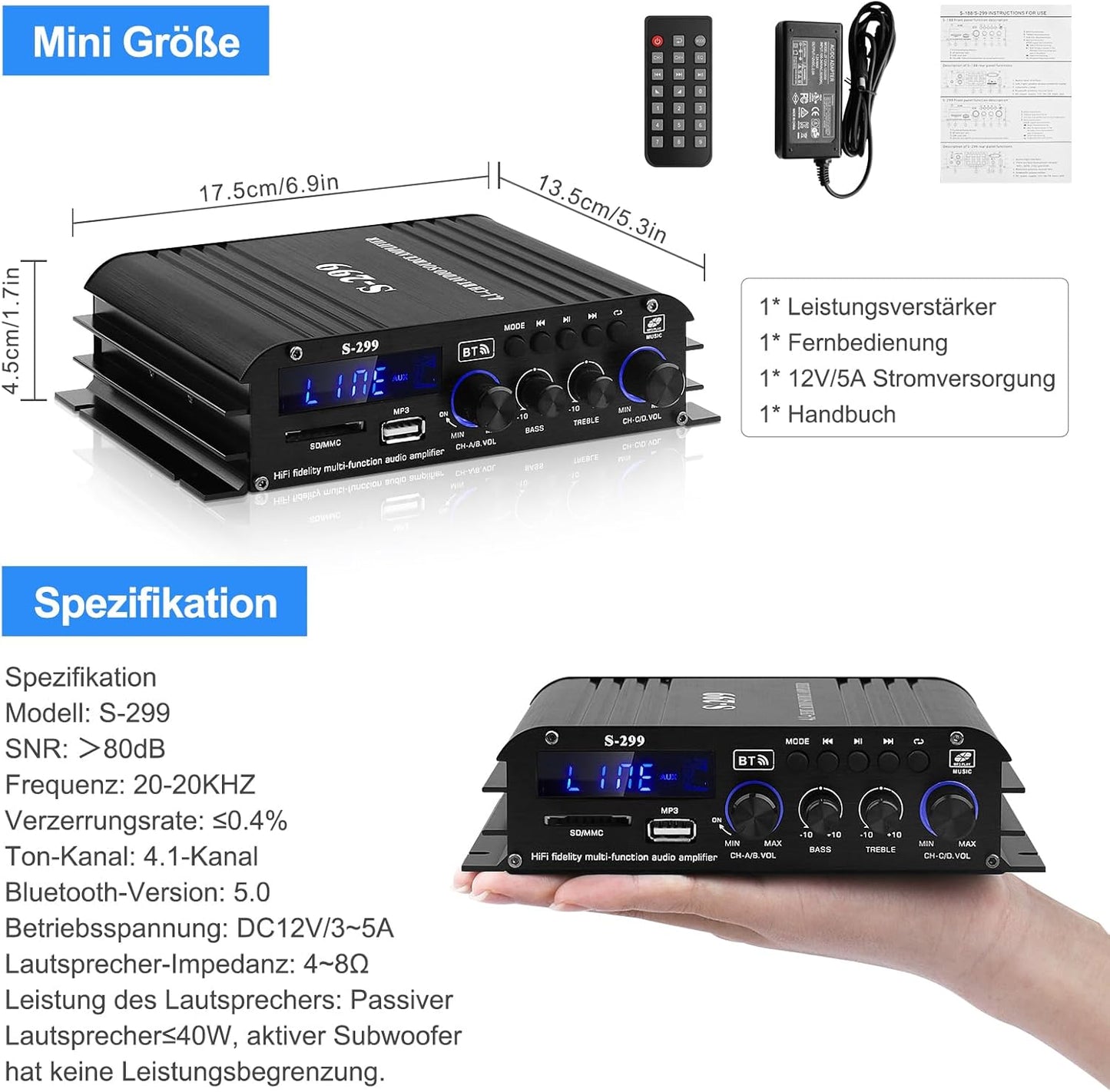 S-299 4.1-Kanal HiFi Verstärker, RMS 40Wx4+50W Bluetooth Mini Audio Verstärker Max. 800W Leistung