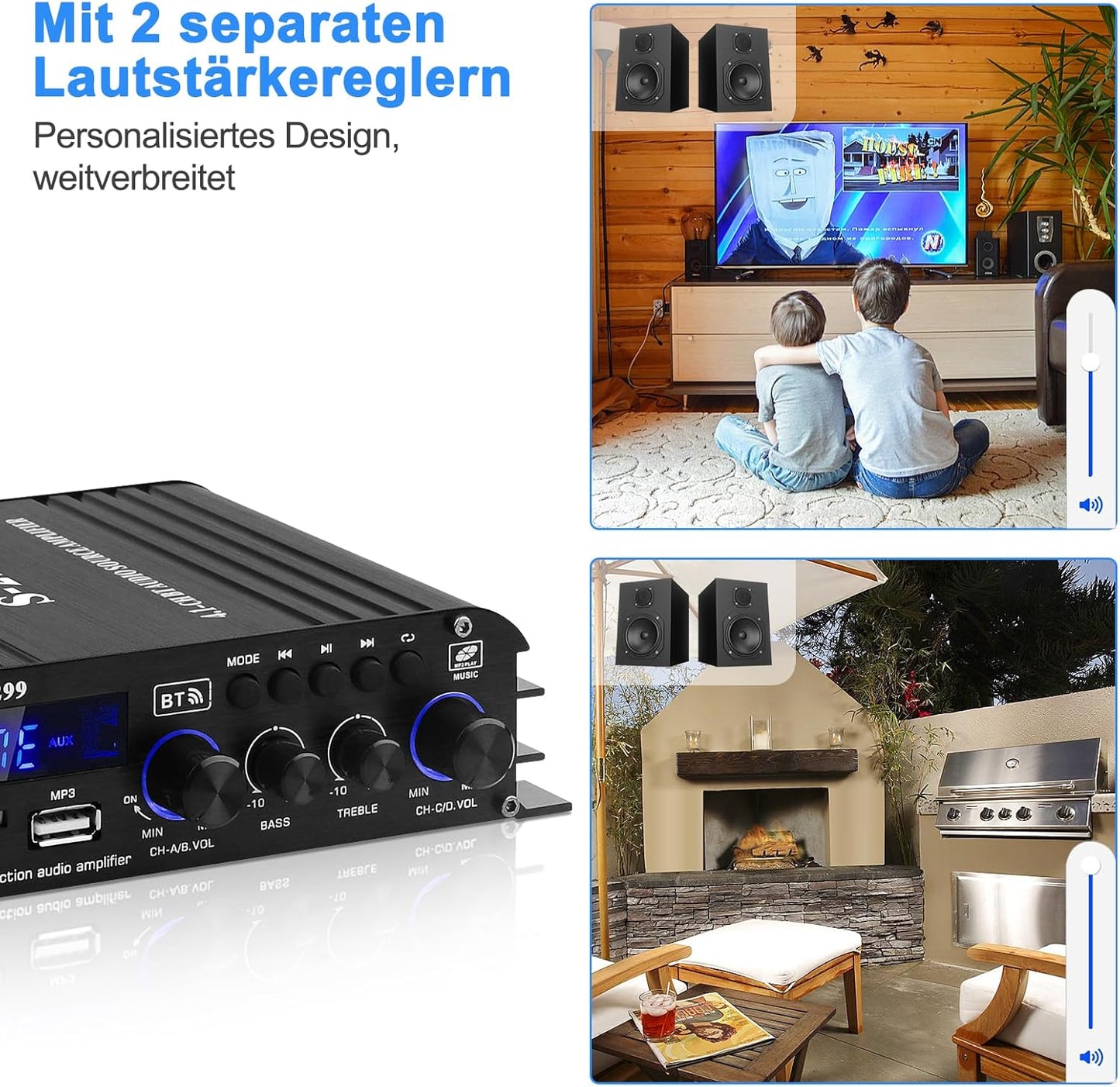 S-299 4.1-Kanal HiFi Verstärker, RMS 40Wx4+50W Bluetooth Mini Audio Verstärker Max. 800W Leistung
