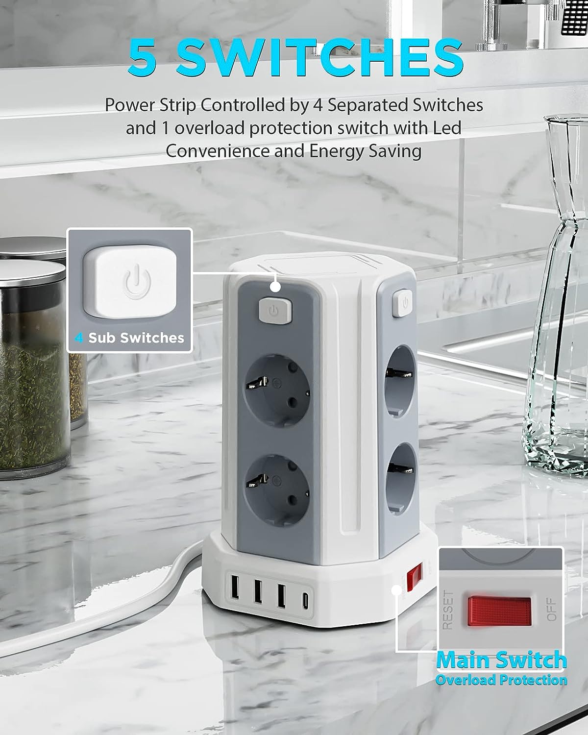 Sameriver 8 Fach Steckdosenleiste mit 3M Kabel, Mehrfachsteckdose mit 3 USB A, 1 USB C, Steckdosenturm mit 5 Schalter, Steckdosenleiste Überspannungsschutz, Geeignet für Zuhause und Büro(2500W/10A)