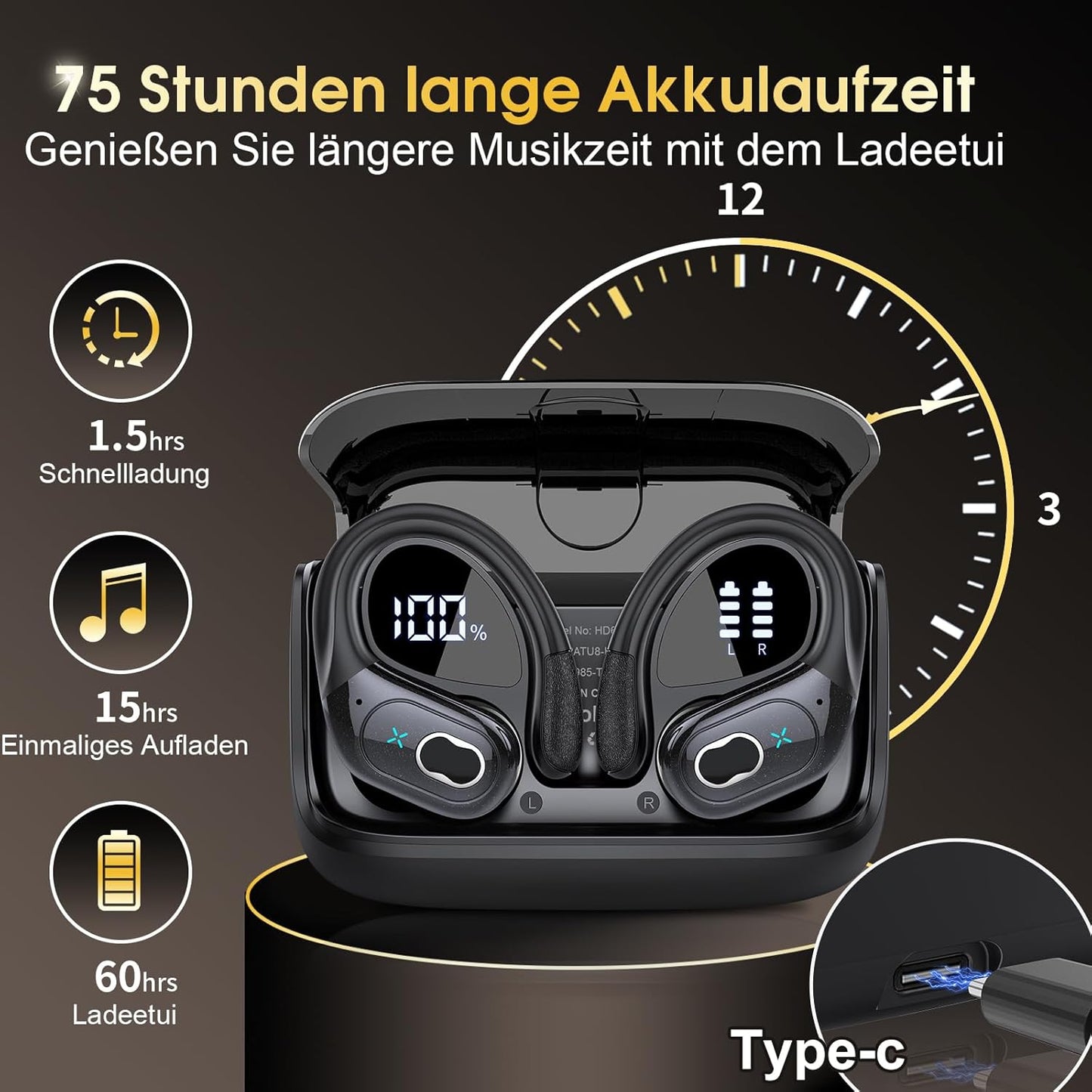 STECEi Kopfhörer Sport,Bluetooth 5.4 mit HD Mic, 75Std Schwarz