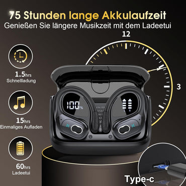 STECEi Kopfhörer Sport,Bluetooth 5.4 mit HD Mic, 75Std Schwarz