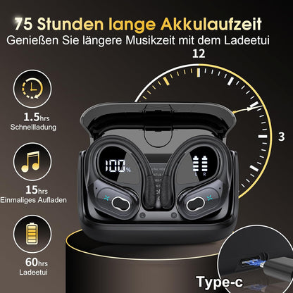 STECEi Kopfhörer Sport,Bluetooth 5.4 mit HD Mic, 75Std Schwarz