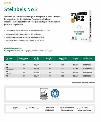 2500 X Steinbeis Recyclingpapier No.2 Trend White A4  80 g/qm 2500 Blatt
