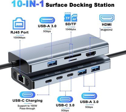 Surface Docking Station,10-in-1 Surface Dock mit HDMI,Ethernet,SD/TF-Steckplatz,