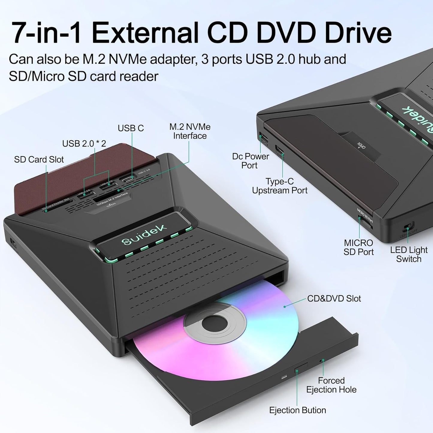 SUIDEK Externes CD DVD-Laufwerk für Laptops, tragbarer 7-in-1-CD DVD