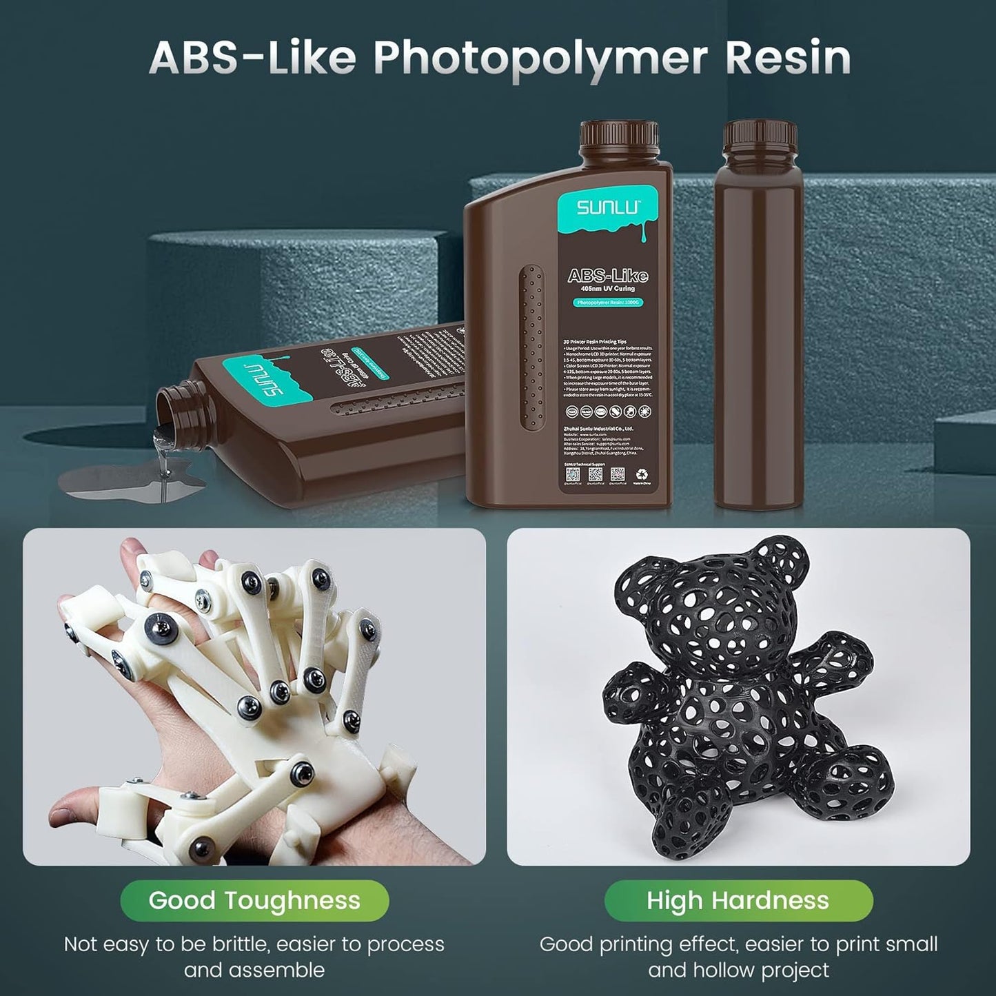 SUNLU ABS-Like 3D Drucker Resin 1KG Vert, Sans Spröde, Schnell Härtend, 405nm UV Photopolymer Harz pour 4K/8K LCD/DLP/SLA Impression 3D, Haute Präzision, 1000g