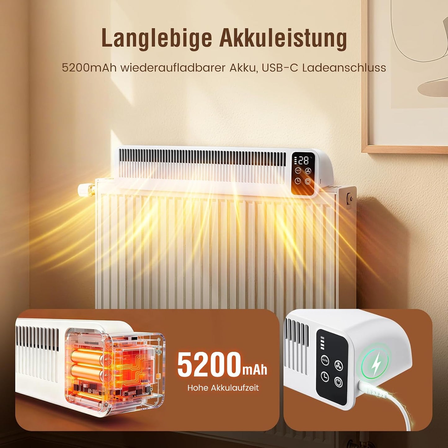 SURAIELEC Heizkörper Ventilator, 3 Lüfter mit Auto-Modus, 5200mAh Akku,Weiß