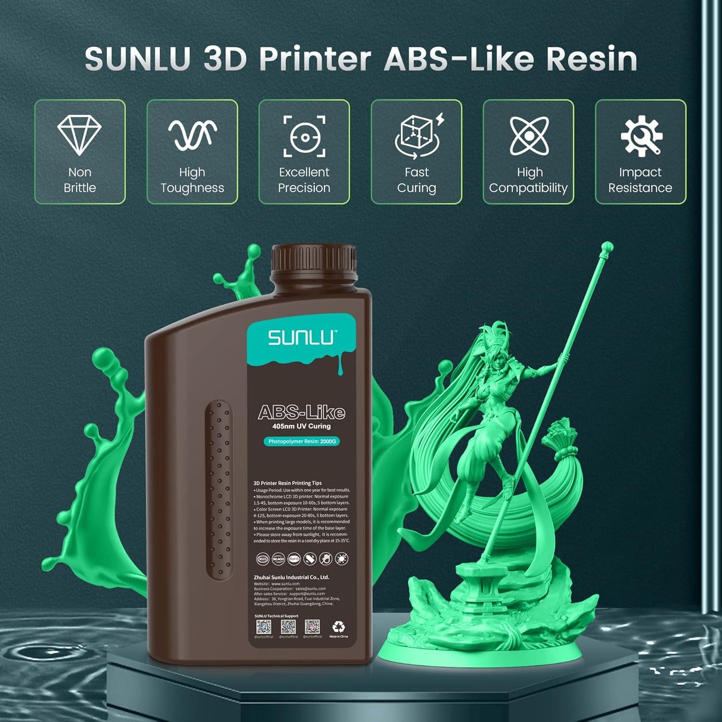 SUNLU ABS-Like 3D Drucker Resin 1KG Vert, Sans Spröde, Schnell Härtend, 405nm UV Photopolymer Harz pour 4K/8K LCD/DLP/SLA Impression 3D, Haute Präzision, 1000g