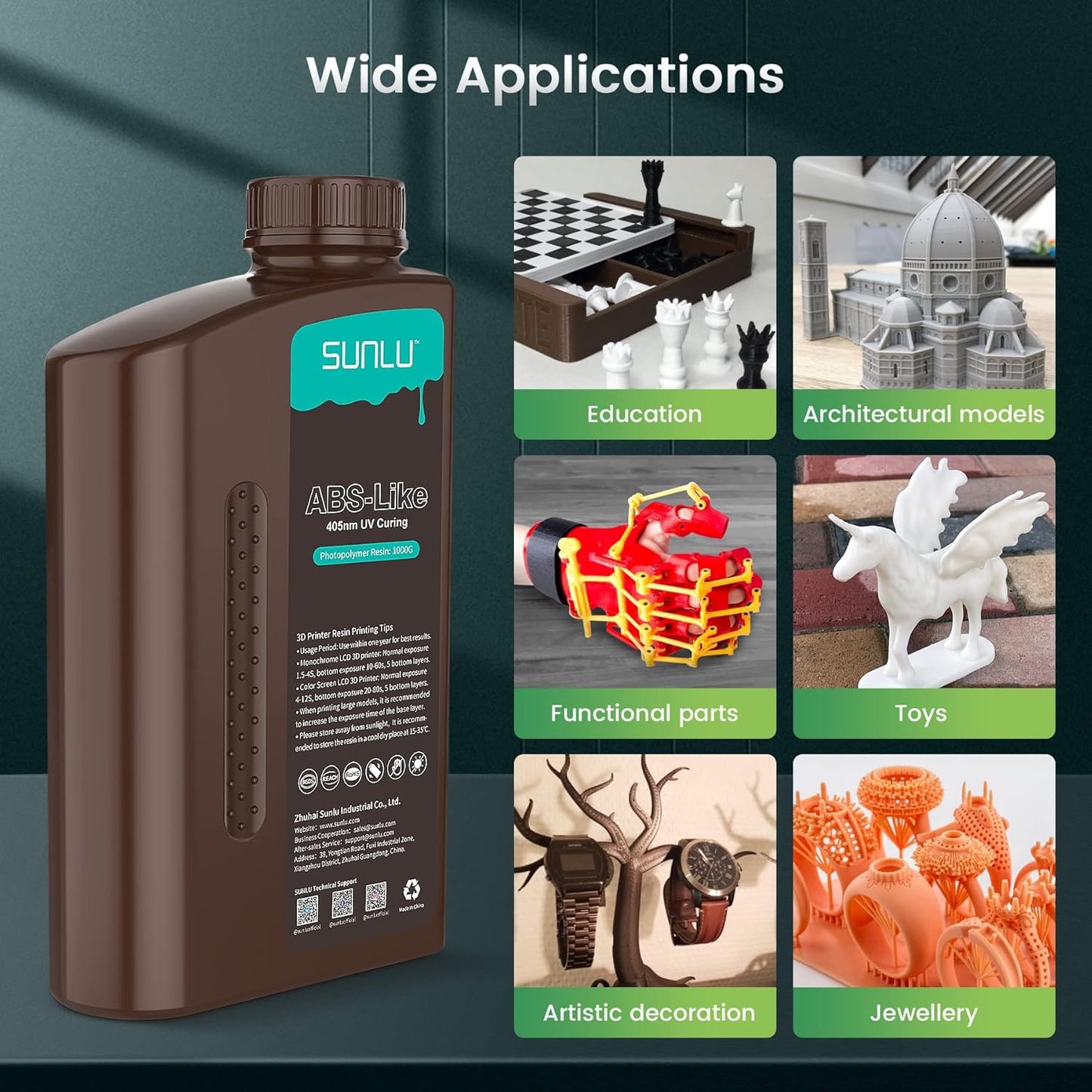 SUNLU ABS-Like 3D Drucker Resin 1KG Vert, Sans Spröde, Schnell Härtend, 405nm UV Photopolymer Harz pour 4K/8K LCD/DLP/SLA Impression 3D, Haute Präzision, 1000g