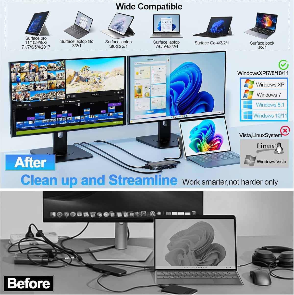 11-in-1 Surface Pro Docking Station, Surface Dock 4K@60HZ HDMI  für MS Surface Pro 12/11/10/9/...