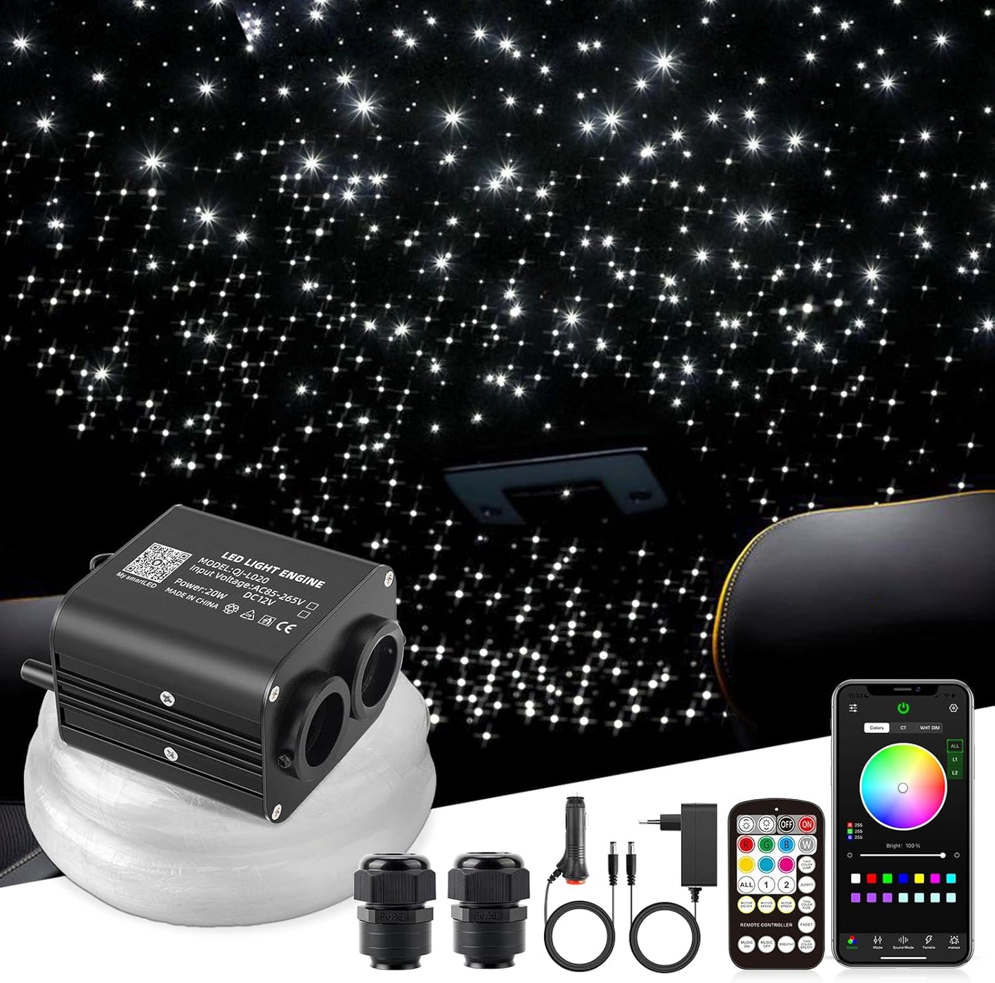 SUNKENET 20W Twinkle Sternenhimmel Auto, 800pcs*0.75mm*4m Sternenhimmel Glasfaser RGBW