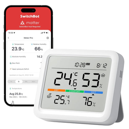 SwitchBot Hygrometer Thermometer Innen, mit Datum/Wettervorhersage/Intelligenter Warnung,