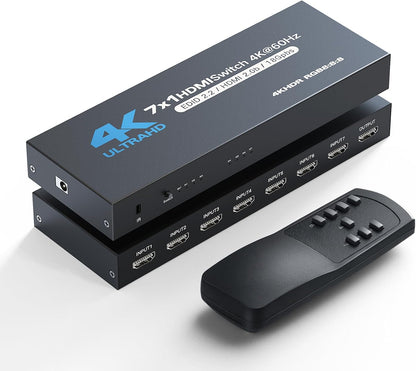 HDMI-Switch (7 Eingänge / 1 Ausgang), 4K@60Hz HDMI-Umschalter mit Fernbedienung