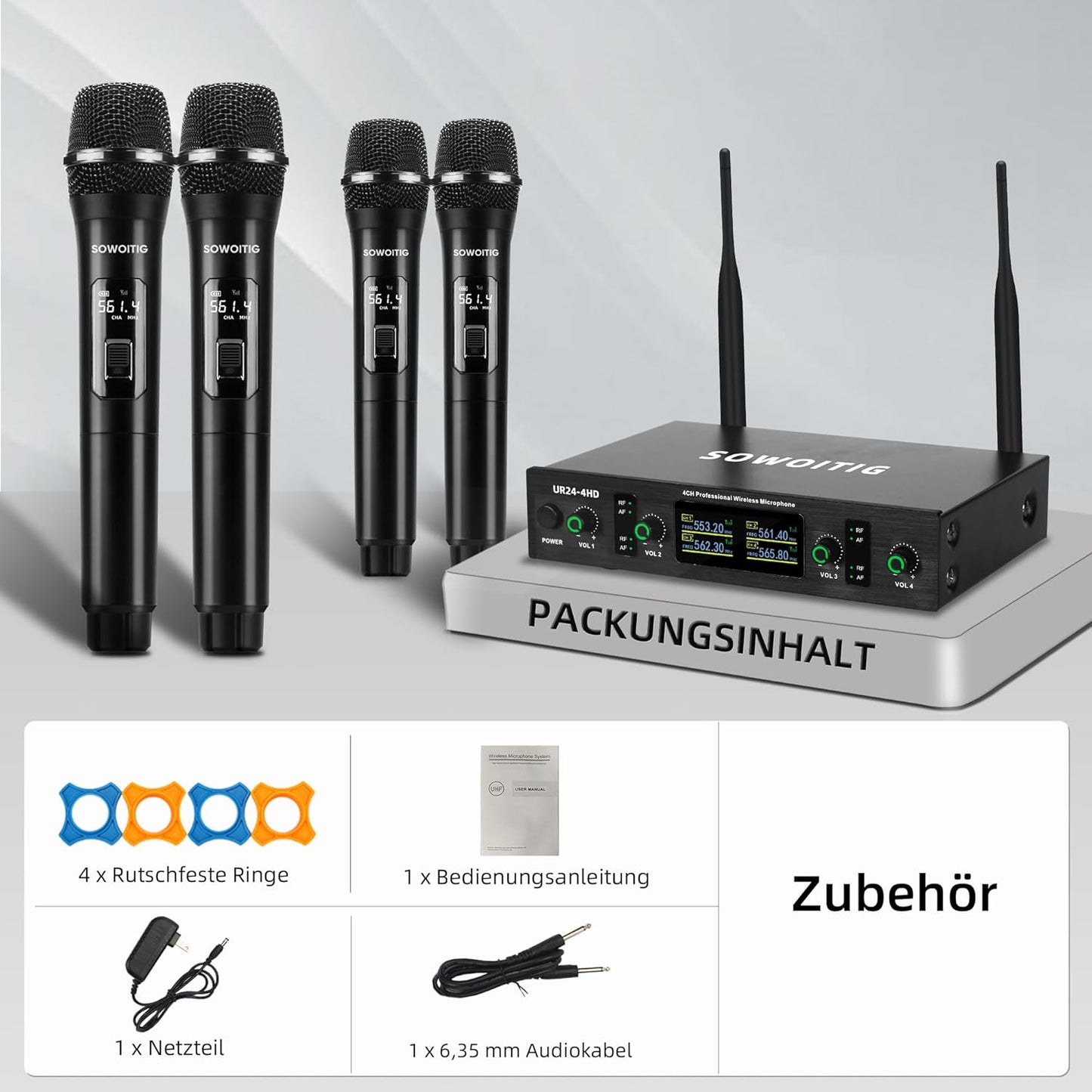 Sowoitig 4-Kanal UHF Funkmikrofon Set mit 4 kabellosen Handmikrofonen Empfänger