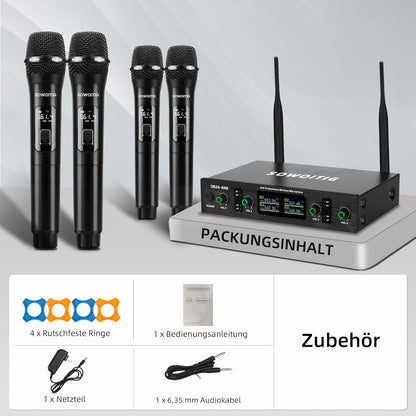 Sowoitig 4-Kanal UHF Funkmikrofon Set mit 4 kabellosen Handmikrofonen Empfänger