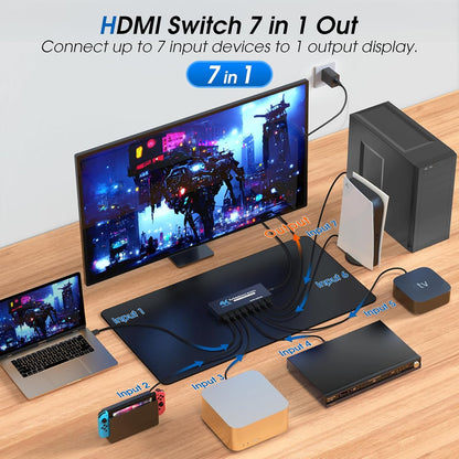 HDMI-Switch (7 Eingänge / 1 Ausgang), 4K@60Hz HDMI-Umschalter mit Fernbedienung