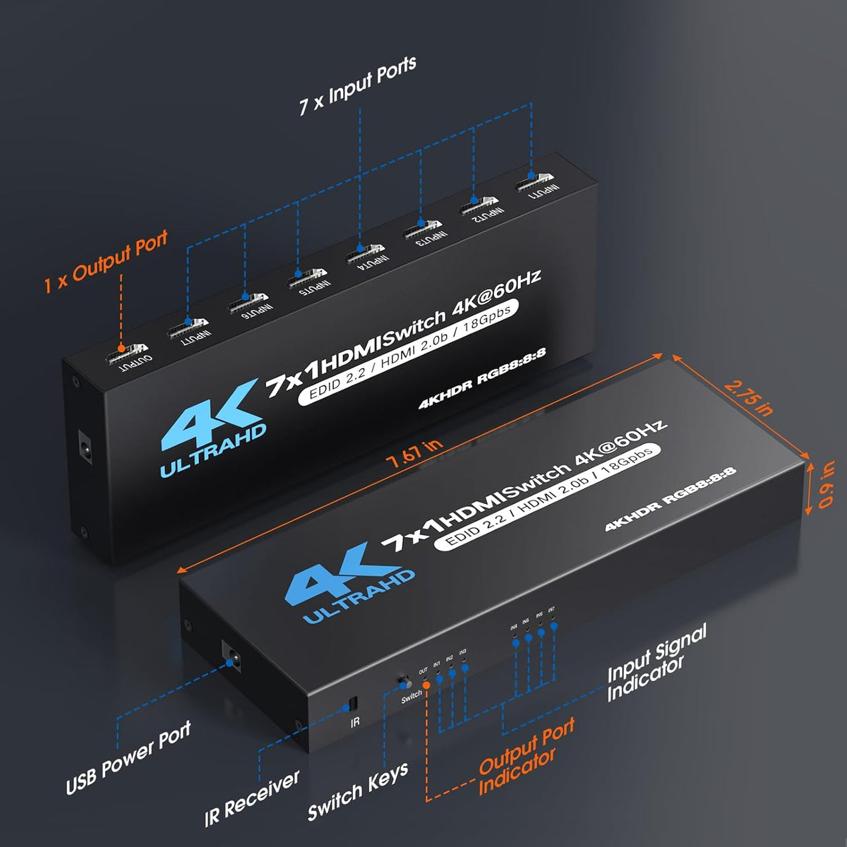 HDMI-Switch (7 Eingänge / 1 Ausgang), 4K@60Hz HDMI-Umschalter mit Fernbedienung
