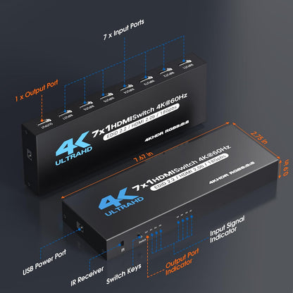 HDMI-Switch (7 Eingänge / 1 Ausgang), 4K@60Hz HDMI-Umschalter mit Fernbedienung