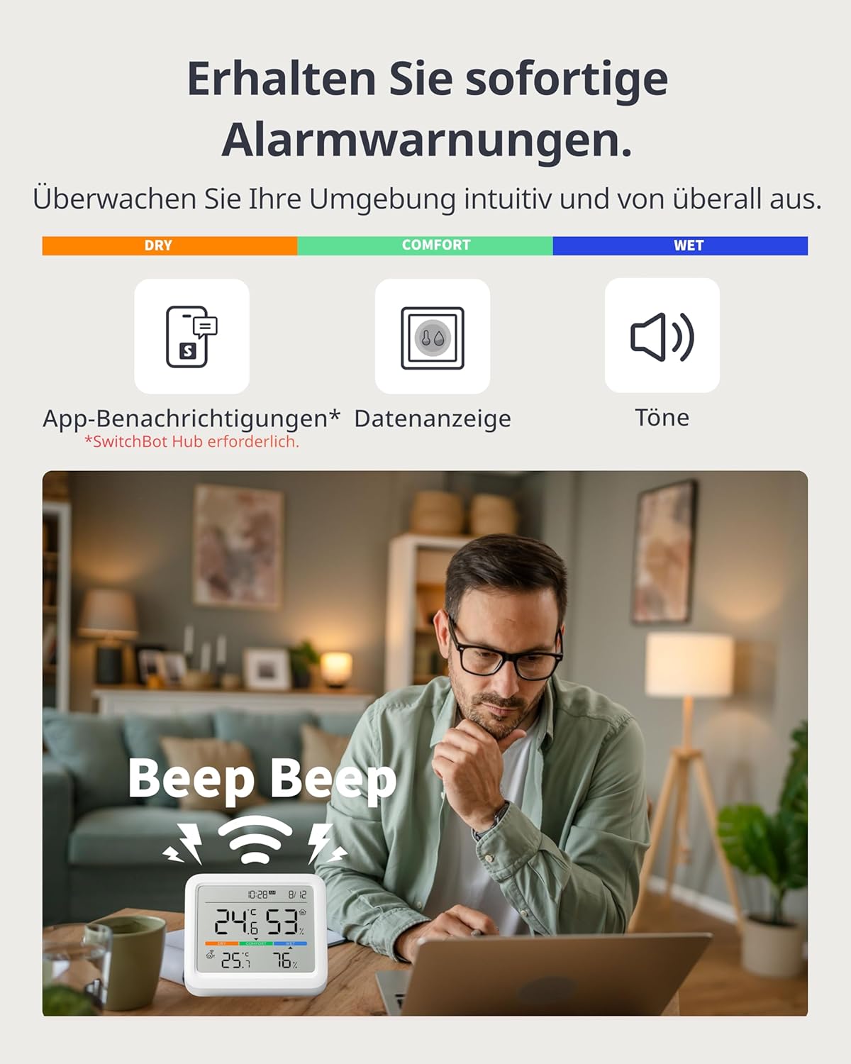 SwitchBot Hygrometer Thermometer Innen, mit Datum/Wettervorhersage/Intelligenter Warnung,
