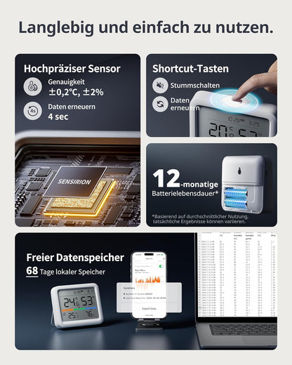 SwitchBot Hygrometer Thermometer Innen, mit Datum/Wettervorhersage/Intelligenter Warnung,