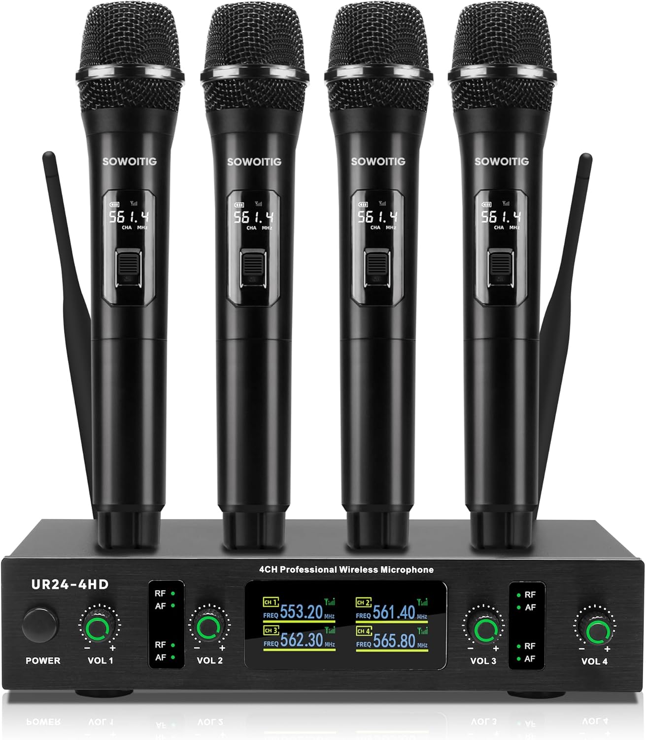 Sowoitig 4-Kanal UHF Funkmikrofon Set mit 4 kabellosen Handmikrofonen Empfänger