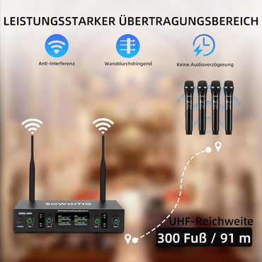 Sowoitig 4-Kanal UHF Funkmikrofon Set mit 4 kabellosen Handmikrofonen Empfänger