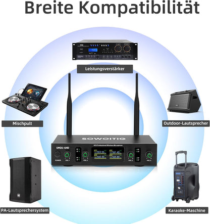 Sowoitig 4-Kanal UHF Funkmikrofon Set mit 4 kabellosen Handmikrofonen Empfänger