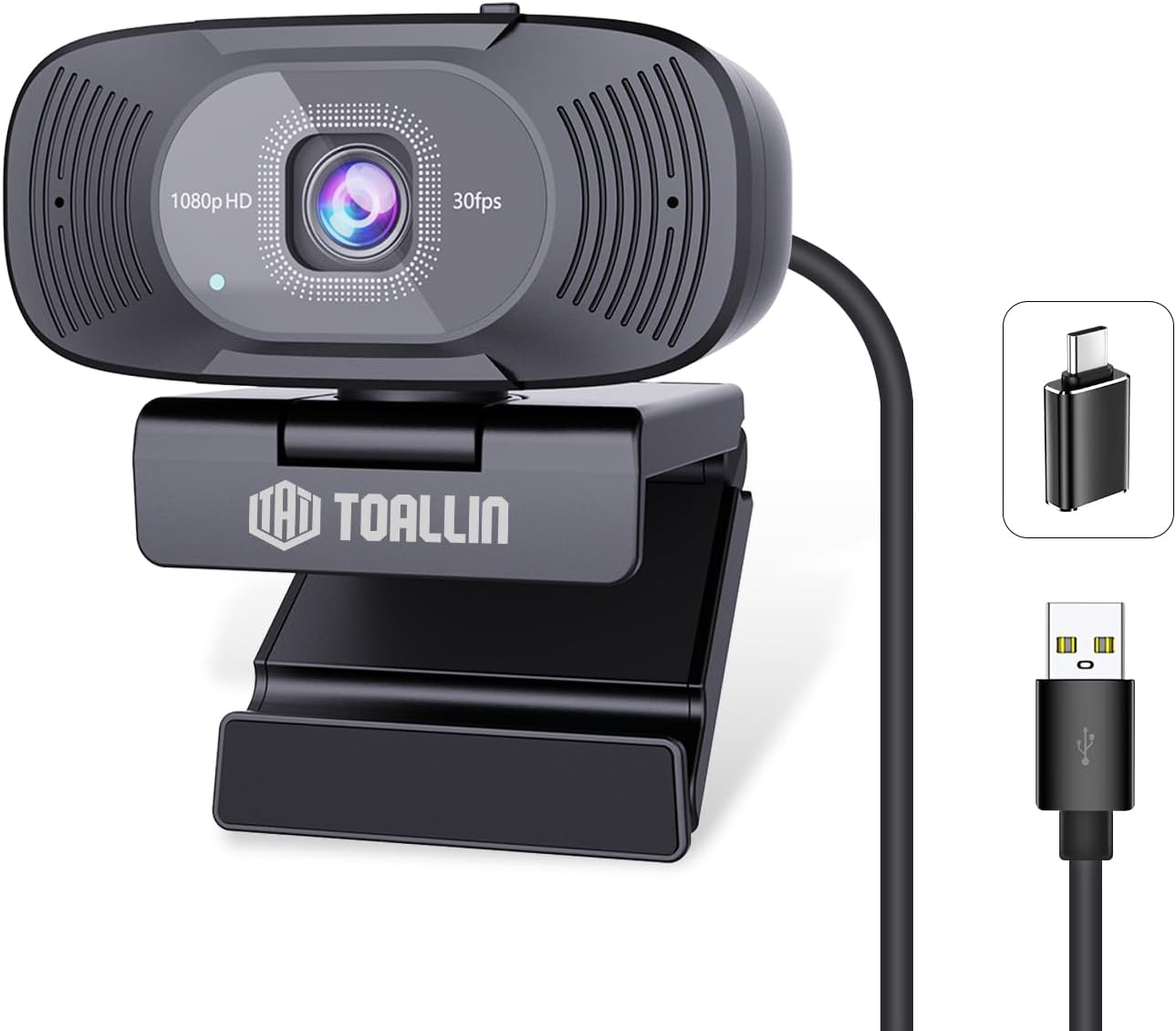 TOALLIN 1080P Full HD-Webcam mit Zwei Mikrofonen  90°-Weitwinkelansicht USB