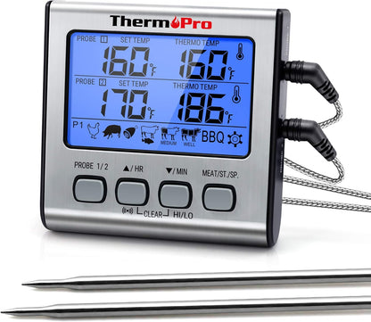 ThermoPro TP17 Thermomètre de gril numérique Thermomètre à viande Thermomètre de viande Thermomètre de cuisine, deux sondes en acier inoxydable, température intérieure bleue, plage de température jusqu'à 300 °C