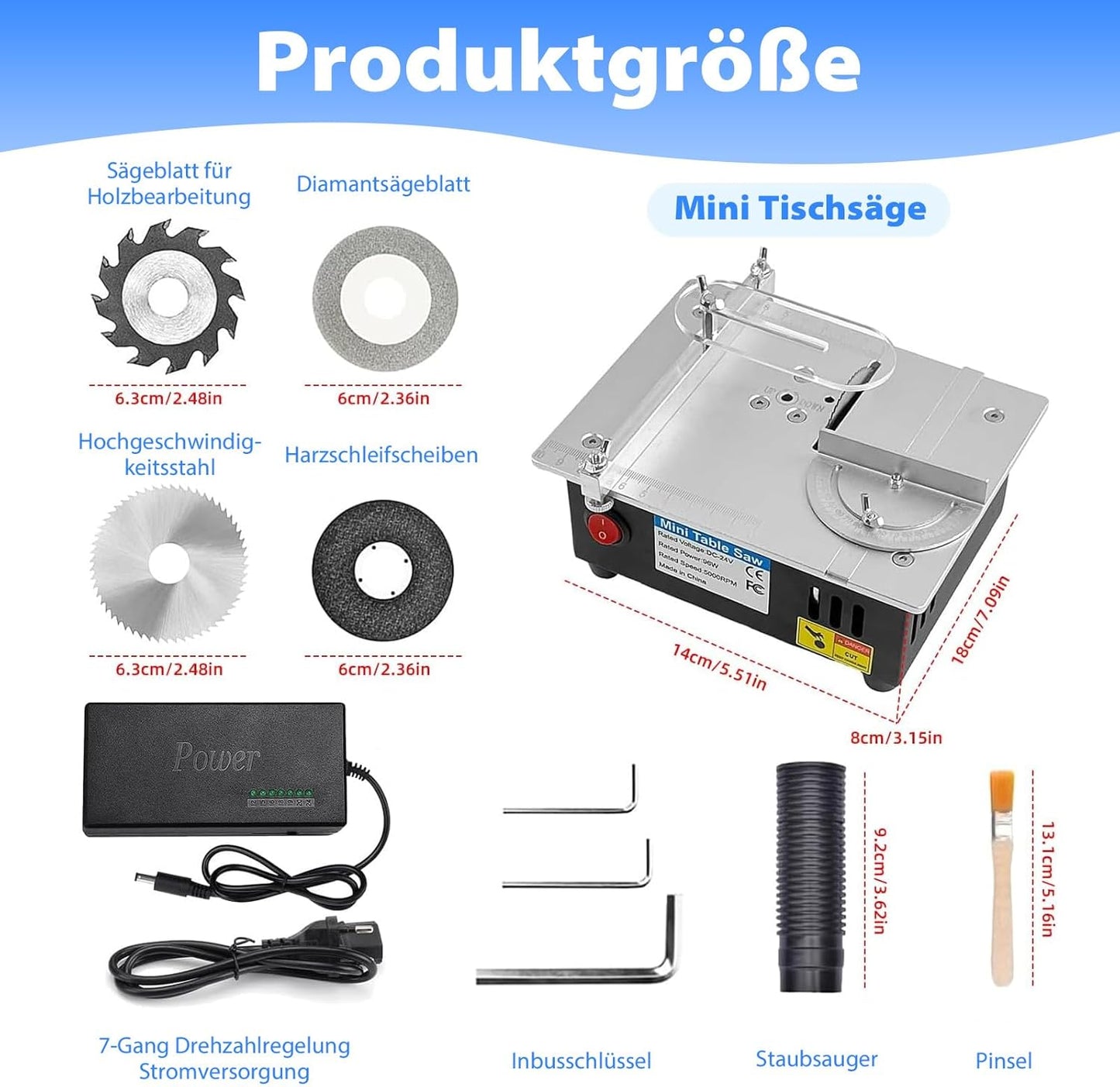 Mini Tischkreissäge mit 4 Klingen, 96W Tischsäge Klein mit 7-Gang-Netzteil