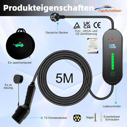 TopAutoGear EV Ladegerät Typ 2 Anschluss Ladekabel 5m, 6/8/10/16A