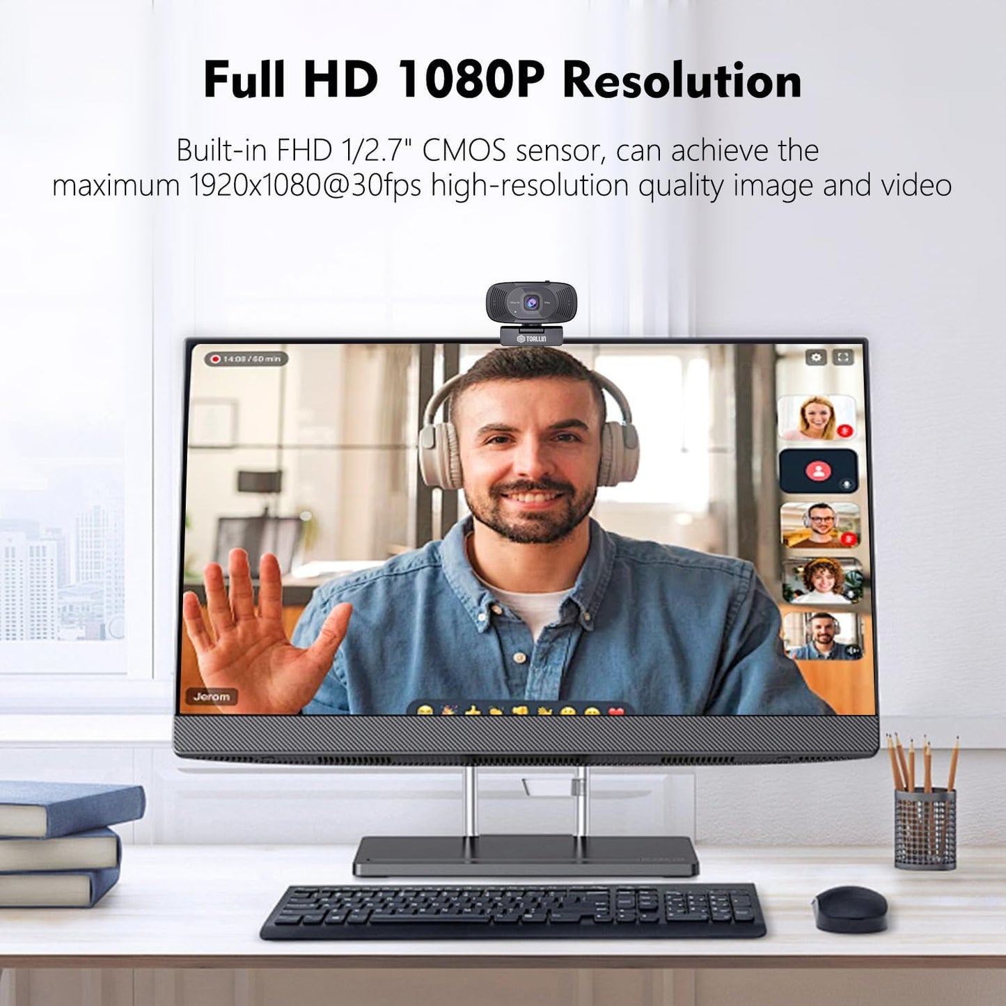 TOALLIN 1080P Full HD-Webcam mit Zwei Mikrofonen  90°-Weitwinkelansicht USB