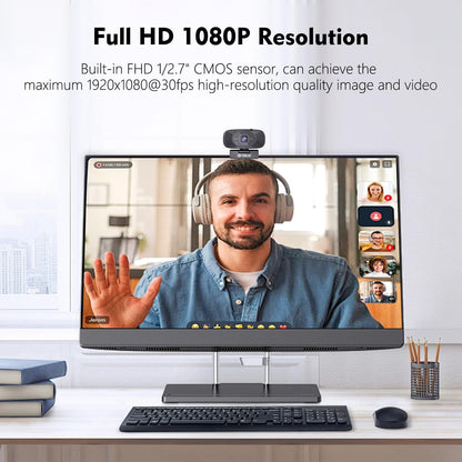 TOALLIN 1080P Full HD-Webcam mit Zwei Mikrofonen  90°-Weitwinkelansicht USB