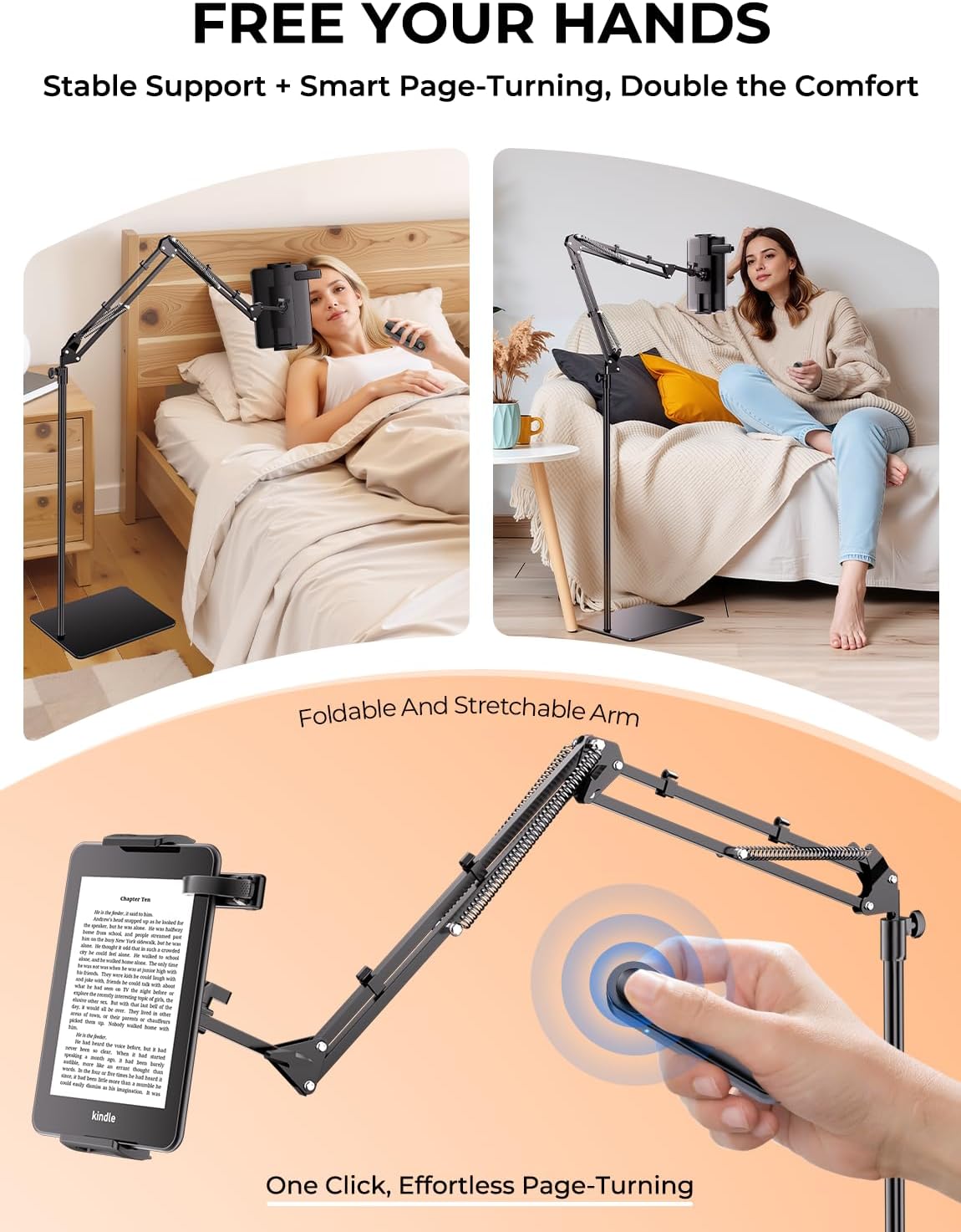 Tryone Tablet Bodenständer mit RF Fernbedienung von 4,7-16.1 Zoll Seitenwenden zum Lesen für Kindle, von 4,7-16.1 Zoll