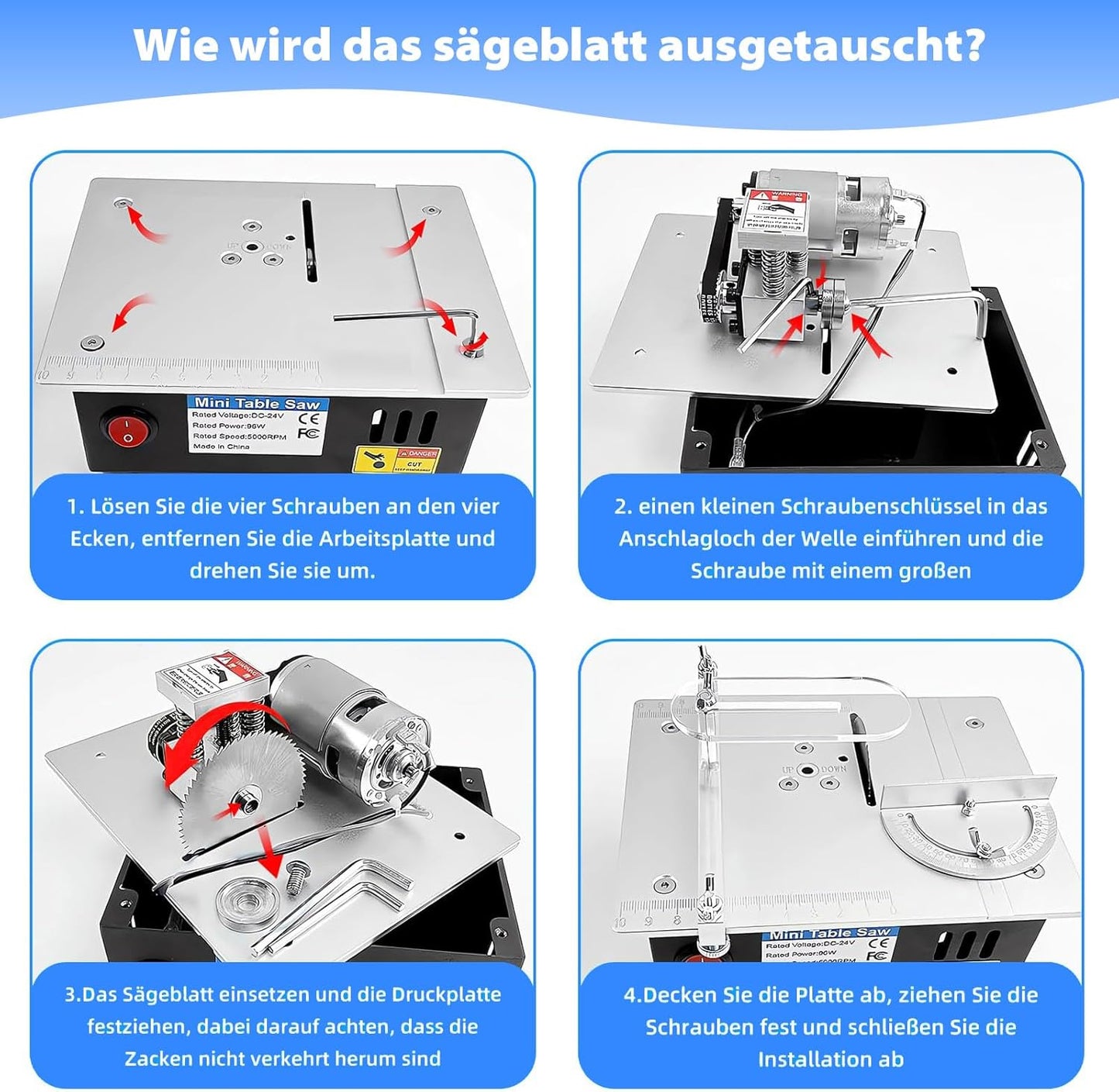 Mini Tischkreissäge mit 4 Klingen, 96W Tischsäge Klein mit 7-Gang-Netzteil