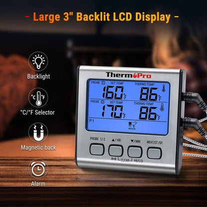 ThermoPro TP17 Thermomètre de gril numérique Thermomètre à viande Thermomètre de viande Thermomètre de cuisine, deux sondes en acier inoxydable, température intérieure bleue, plage de température jusqu'à 300 °C