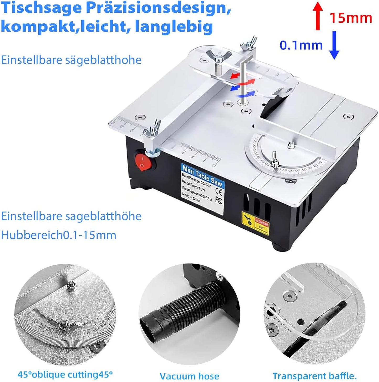 Mini Tischkreissäge mit 4 Klingen, 96W Tischsäge Klein mit 7-Gang-Netzteil