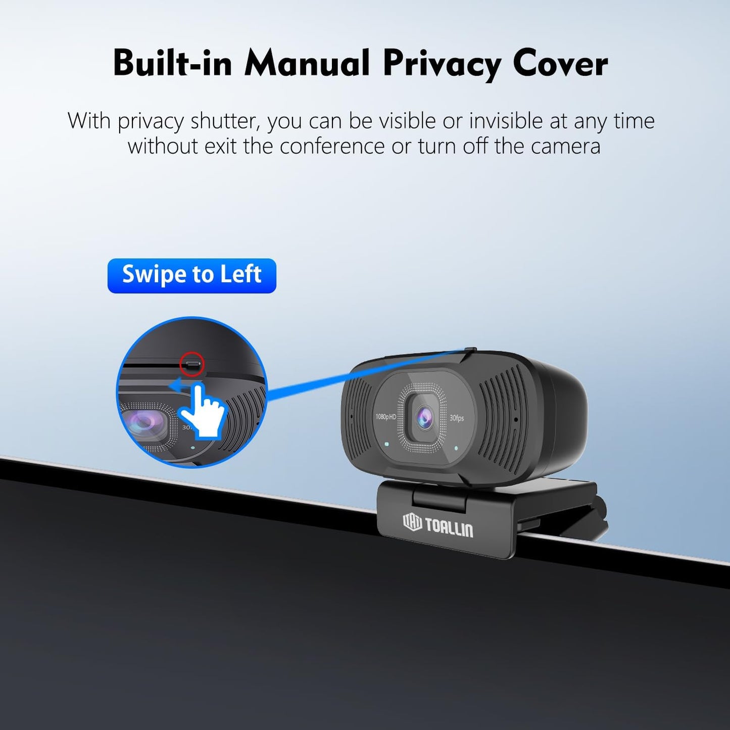 TOALLIN 1080P Full HD-Webcam mit Zwei Mikrofonen  90°-Weitwinkelansicht USB