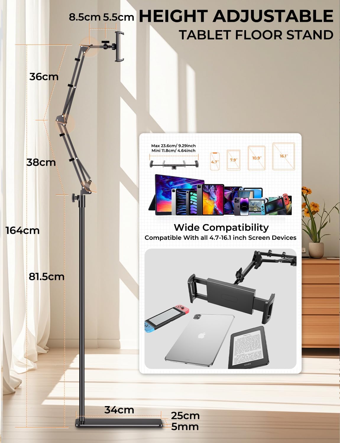 Tryone Tablet Bodenständer mit RF Fernbedienung von 4,7-16.1 Zoll Seitenwenden zum Lesen für Kindle, von 4,7-16.1 Zoll