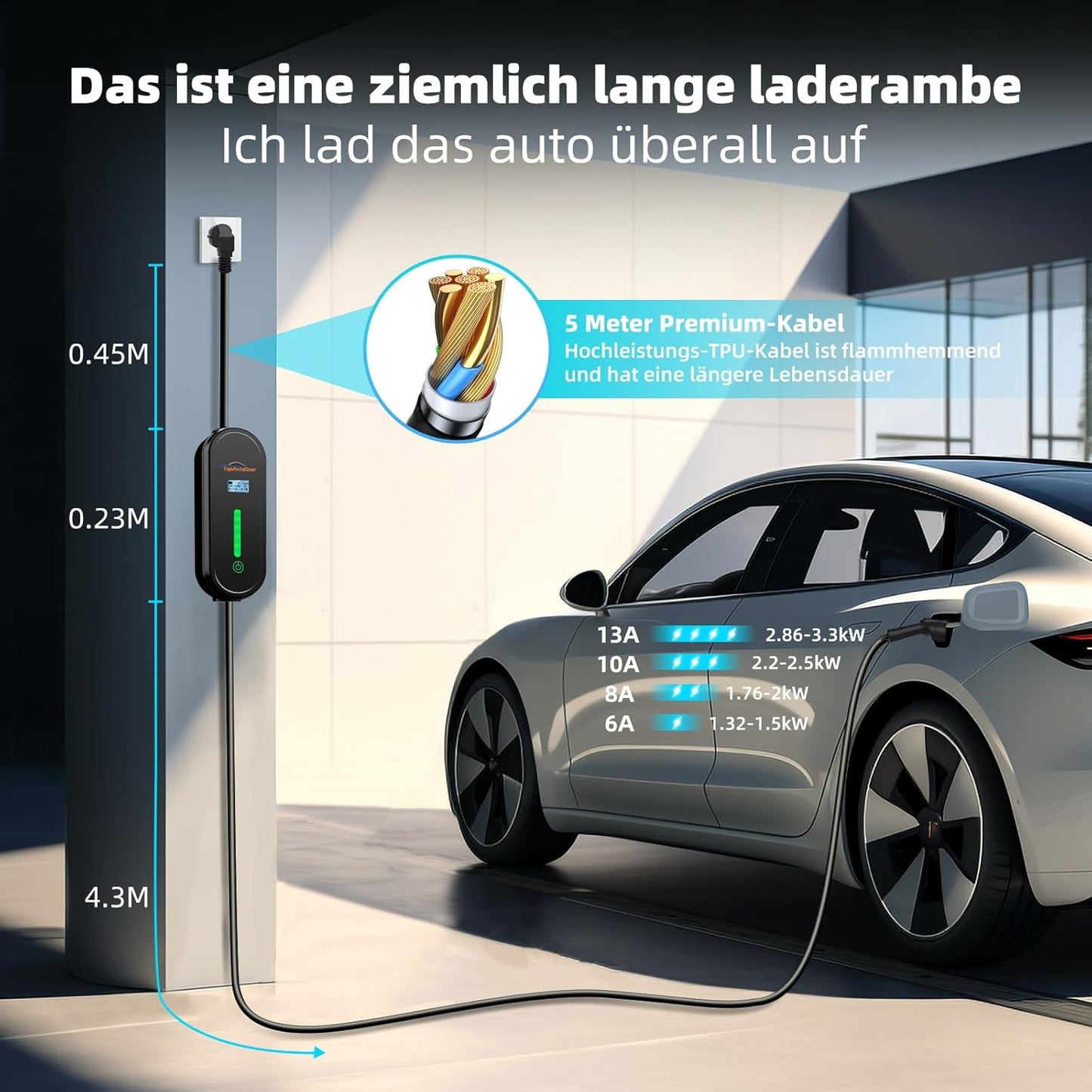 TopAutoGear EV Ladegerät Typ 2 Anschluss Ladekabel 5m, 6/8/10/16A