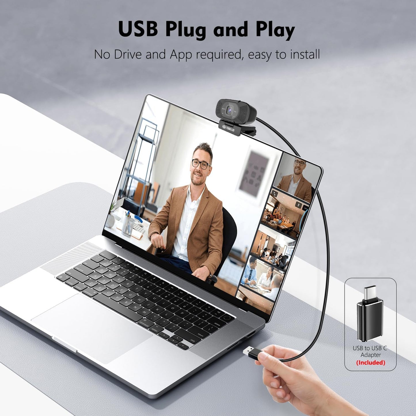 TOALLIN 1080P Full HD-Webcam mit Zwei Mikrofonen  90°-Weitwinkelansicht USB